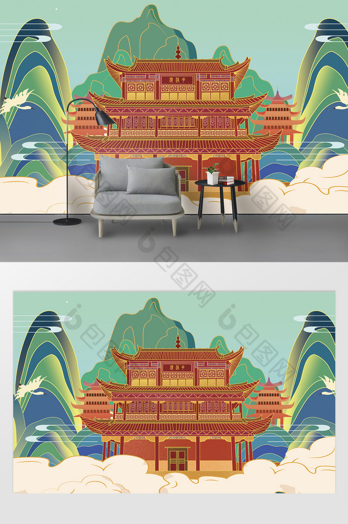 国潮新中式山水建筑背景墙图片图片
