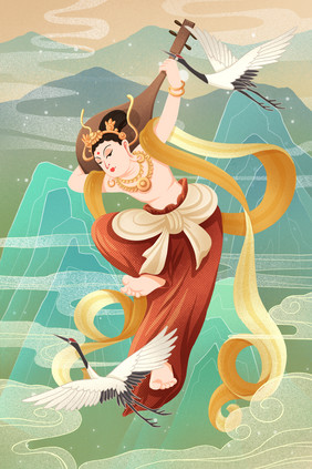 敦煌中国古风女子弹琵琶建筑插画