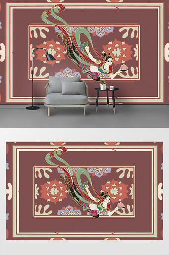 复古中国风刺绣民族特色花卉敦煌创意背景墙图片