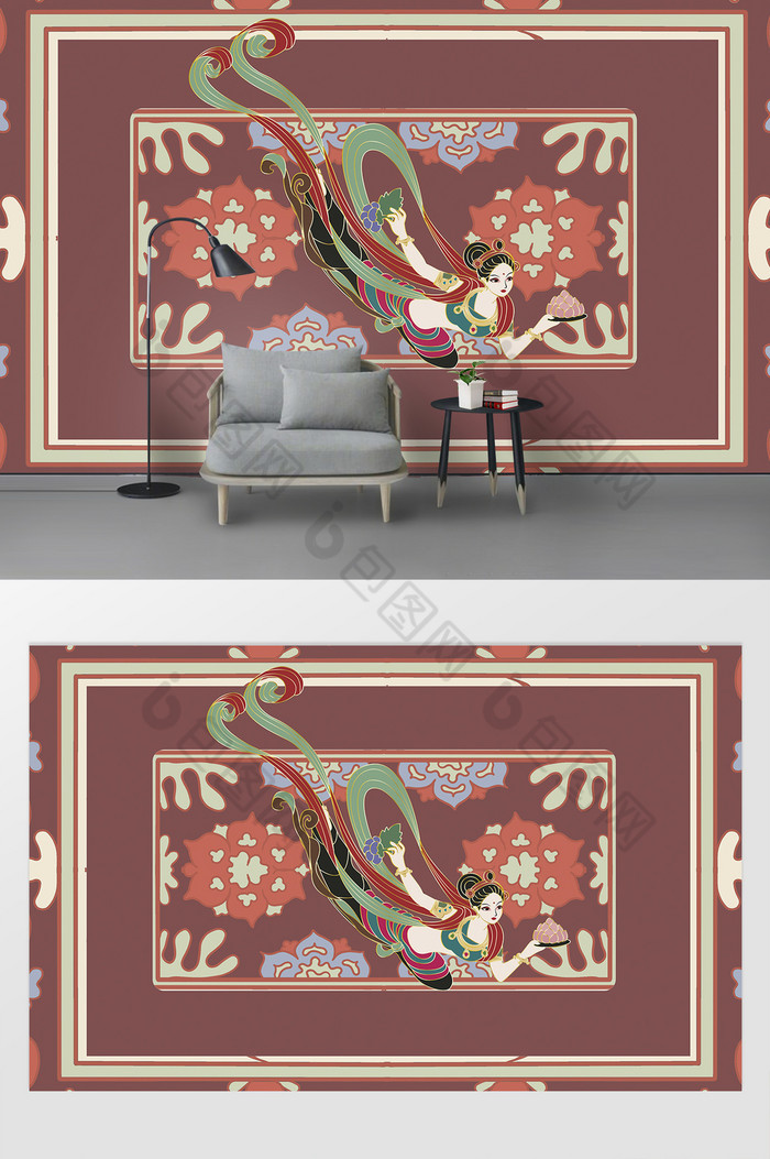 复古刺绣民族特色花卉敦煌创意背景墙图片图片