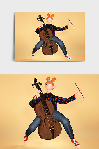 个性卡通休闲时尚女孩拉大提琴C4D元素图片