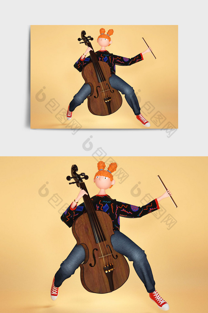 个性卡通休闲时尚女孩拉大提琴C4D元素图片图片