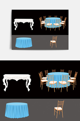 白色长桌淡蓝色桌布木制桌椅婚礼元素图片