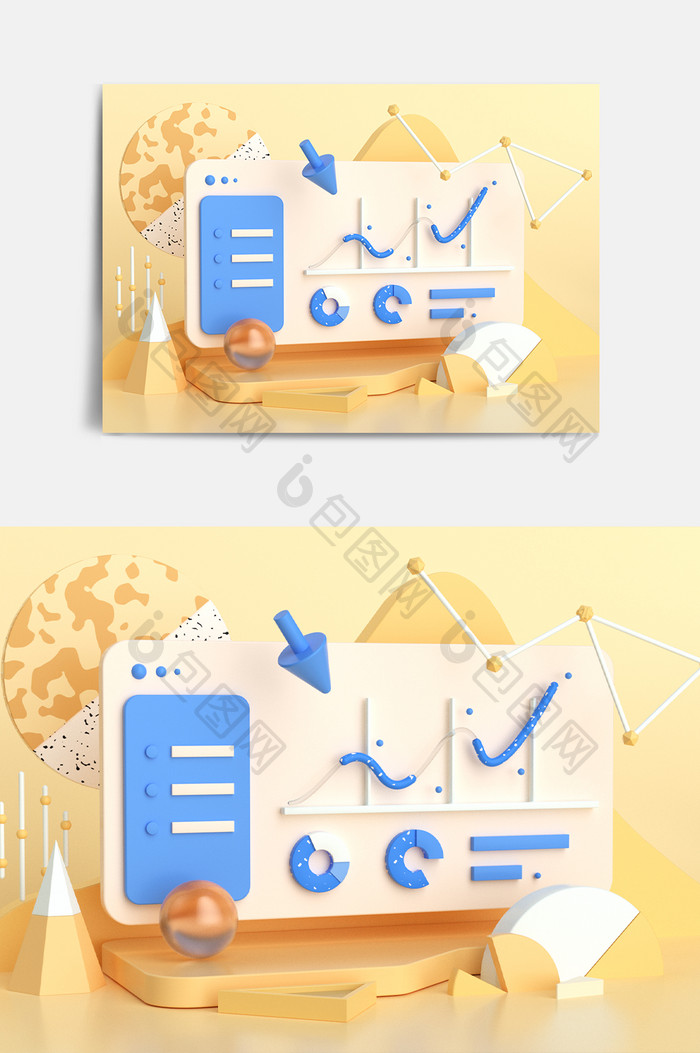 黄色电脑数据UI图标C4D元素