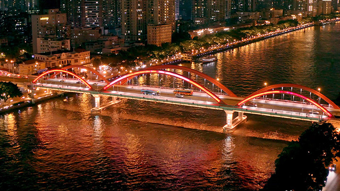 4k航拍广州解放大桥夜景灯光车流交通