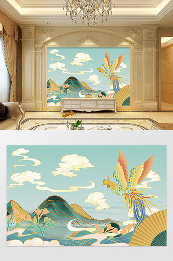 浅色国潮中式山水背景墙图片