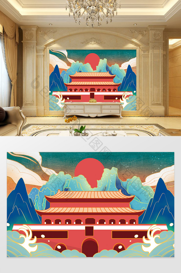 国潮新中式建筑山水背景墙图片图片
