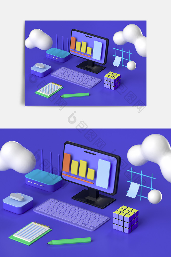 深紫色电脑UI图标C4D元素