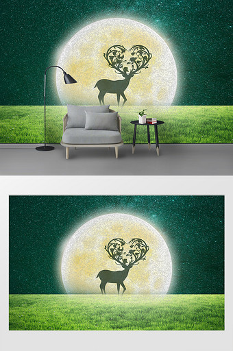 绿色梦幻人类月球日星空油画背景墙图片