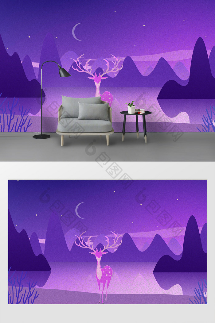 紫色渐变湖面倒影山九色鹿神油画背景墙