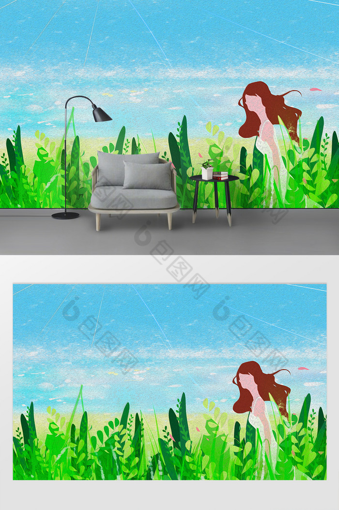 夏季蓝天白云花草女孩绿色油画背景墙图片图片