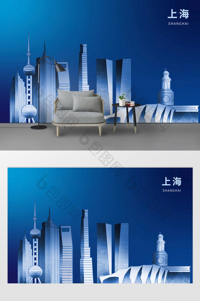 蓝色科技几何上海城市地标建筑背景墙
