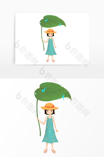 绿色清新风小女孩插画元素图片