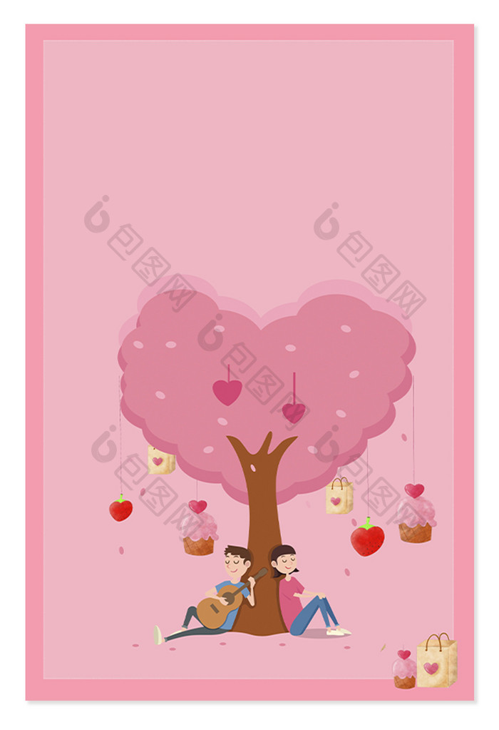 七夕情人节树下的情侣卡通手绘背景
