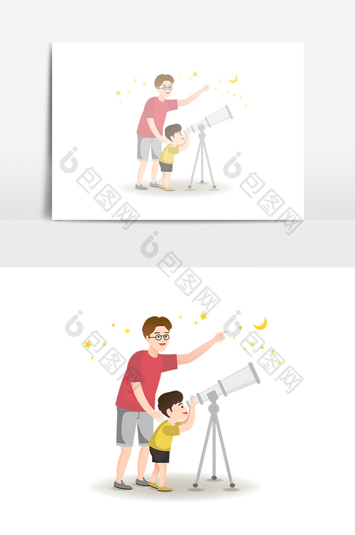 父亲和儿子一起看望远镜元素