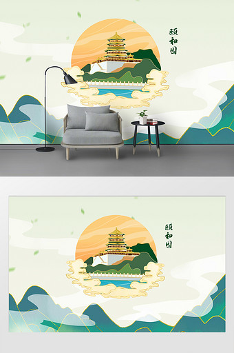 古风山水颐和园清新大气地标建筑背景墙图片