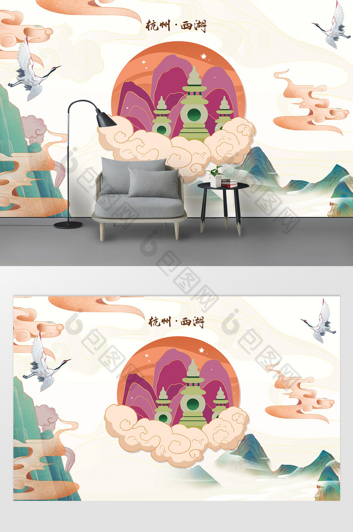 国潮风知名景点杭州西湖地标建筑背景墙图片图片