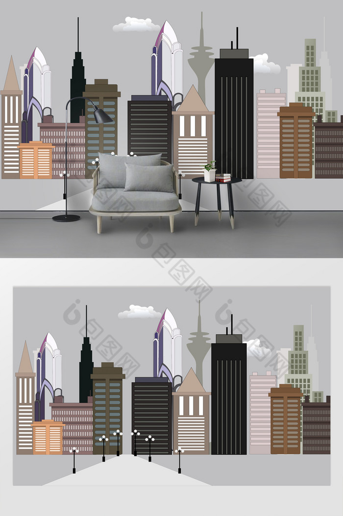 现代简约扁平风城市地标建筑背景墙图片图片