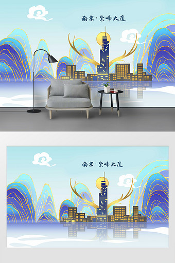 南京紫峰大厦地标建筑国潮鎏金背景墙图片