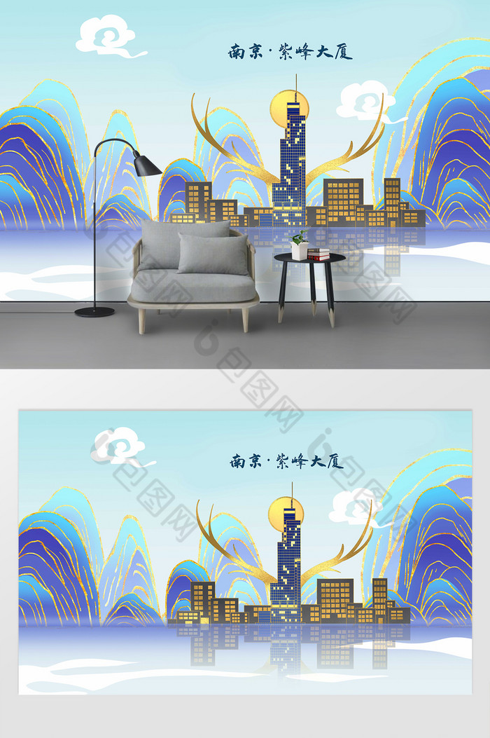 南京紫峰大厦地标建筑国潮鎏金背景墙图片图片