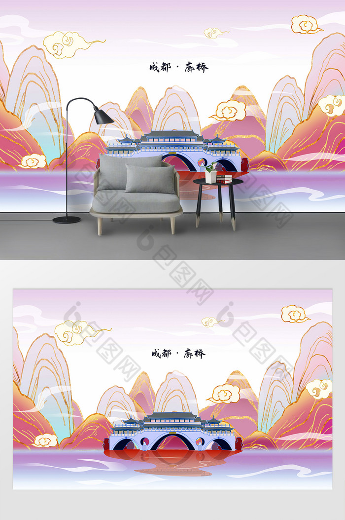 国潮鎏金成都廊桥山水背景墙图片图片