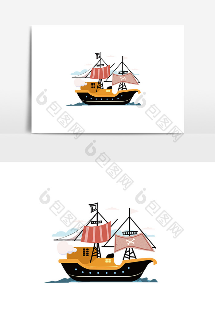蓝色夏日海洋帆船创意插画元素