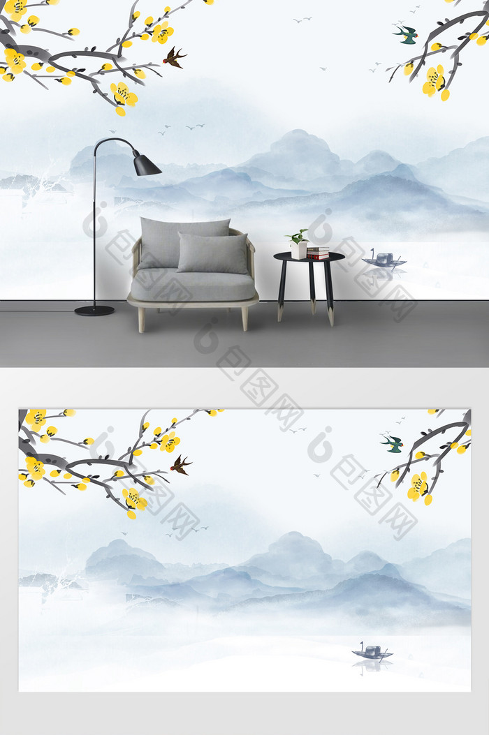 新中式黄色花鸟山水背景墙