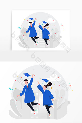 蓝色毕业季毕业快乐跳跃人物矢量元素图片