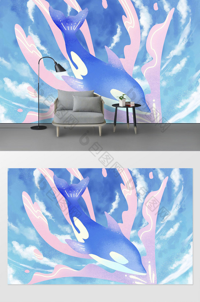 蓝色梦幻插画鲸鱼可爱背景墙