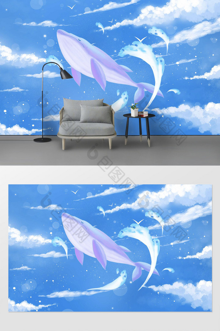 蓝色可爱插画鲸鱼梦幻背景墙图片图片