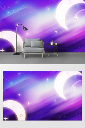 紫色梦幻插画星空背景墙图片