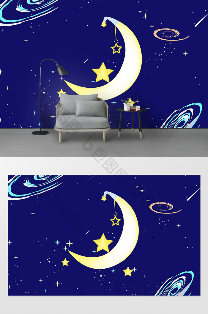 月亮星空插画梦幻背景墙