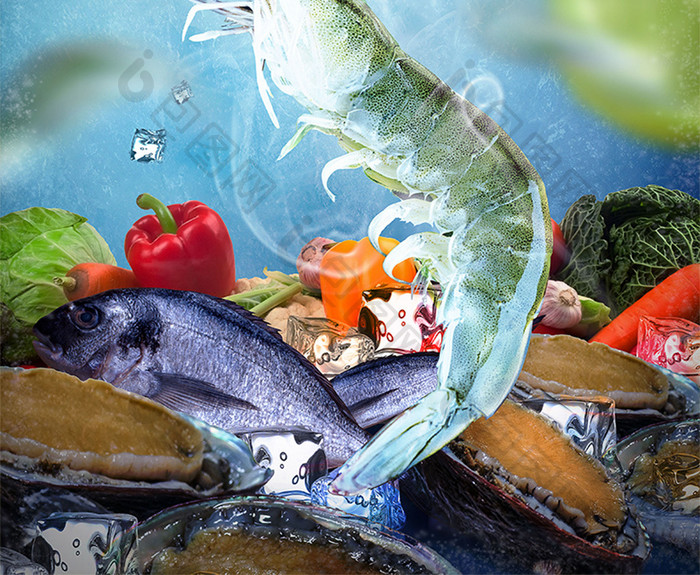 蓝色冰爽生鲜季生鲜超市海鲜海报促销展板