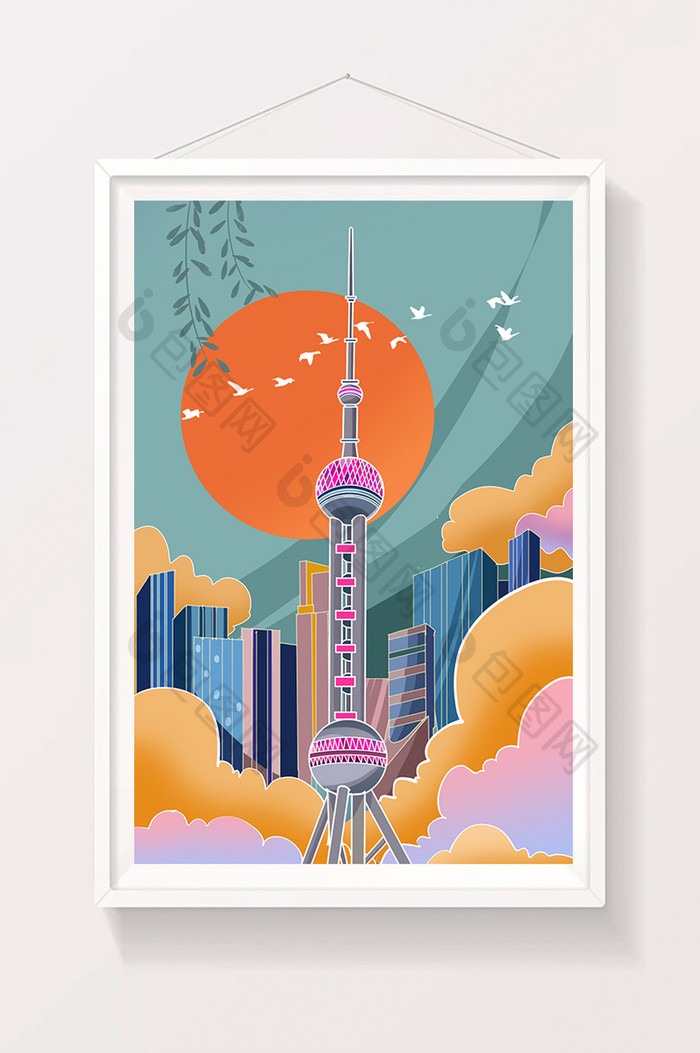 绿色东方明珠旅游插画