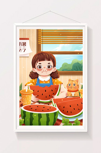 二十四节气小暑吃西瓜女孩与猫大暑插画图片