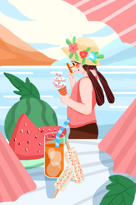 夏天美少女海边吃西瓜吃雪糕推销插画
