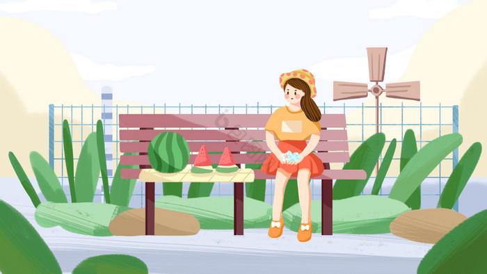 夏天女孩出行歇息长椅吃西瓜插画图片