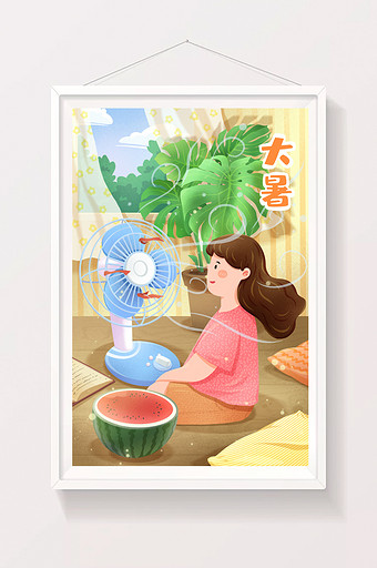 大暑夏天居家避暑吹电扇吃西瓜凉席插画图片