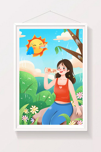 夏天天气炎热喝汽水的女孩插画图片