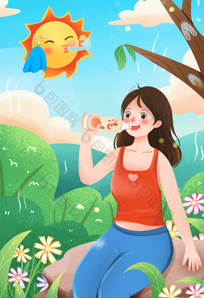 夏天天气炎热喝汽水的女孩插画