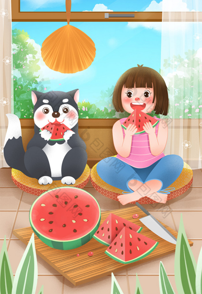 夏天大暑吃西瓜避暑的女孩和狗狗插画