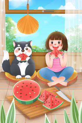 夏天大暑吃西瓜避暑的女孩和狗狗插画