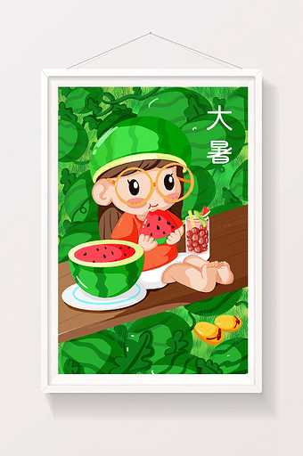 绿色夏天手绘女孩吃西瓜插画图片
