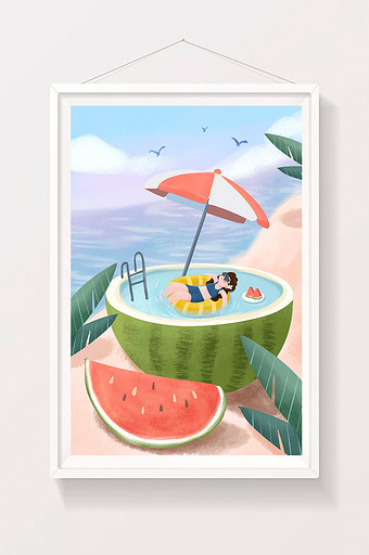 清新西瓜文艺蓝色海滩少女节气大暑手绘插画图片