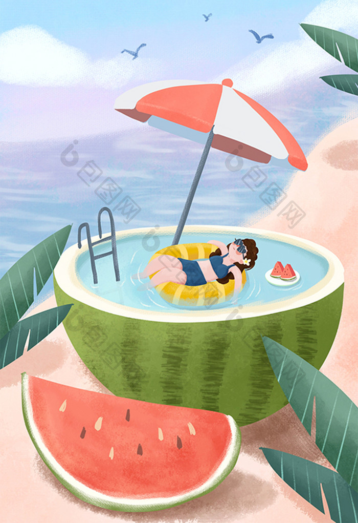 清新西瓜文艺蓝色海滩少女节气大暑手绘插画