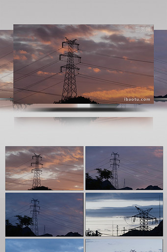实拍4K黄昏傍晚高压线塔电网天空延时视频图片