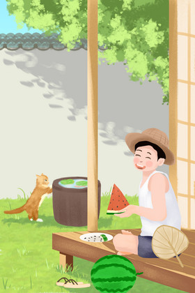 大暑24节气午后庭院夏日吃西瓜男生插画图片