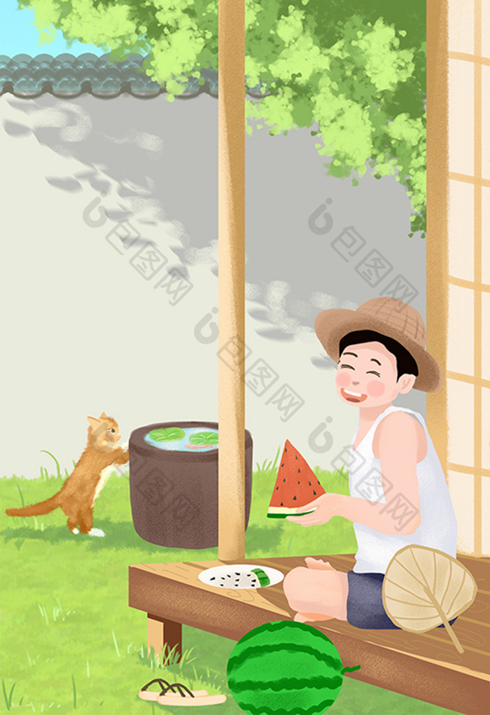 大暑24节气午后庭院夏日吃西瓜男生插画