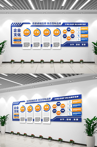蓝黄色企业文化发展历程宣传文化墙图片