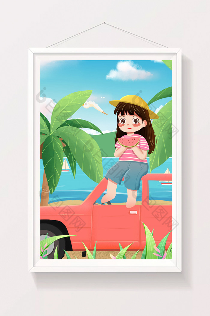 旅游户外兜风女孩敞篷跑车椰子树蓝天插画图片图片